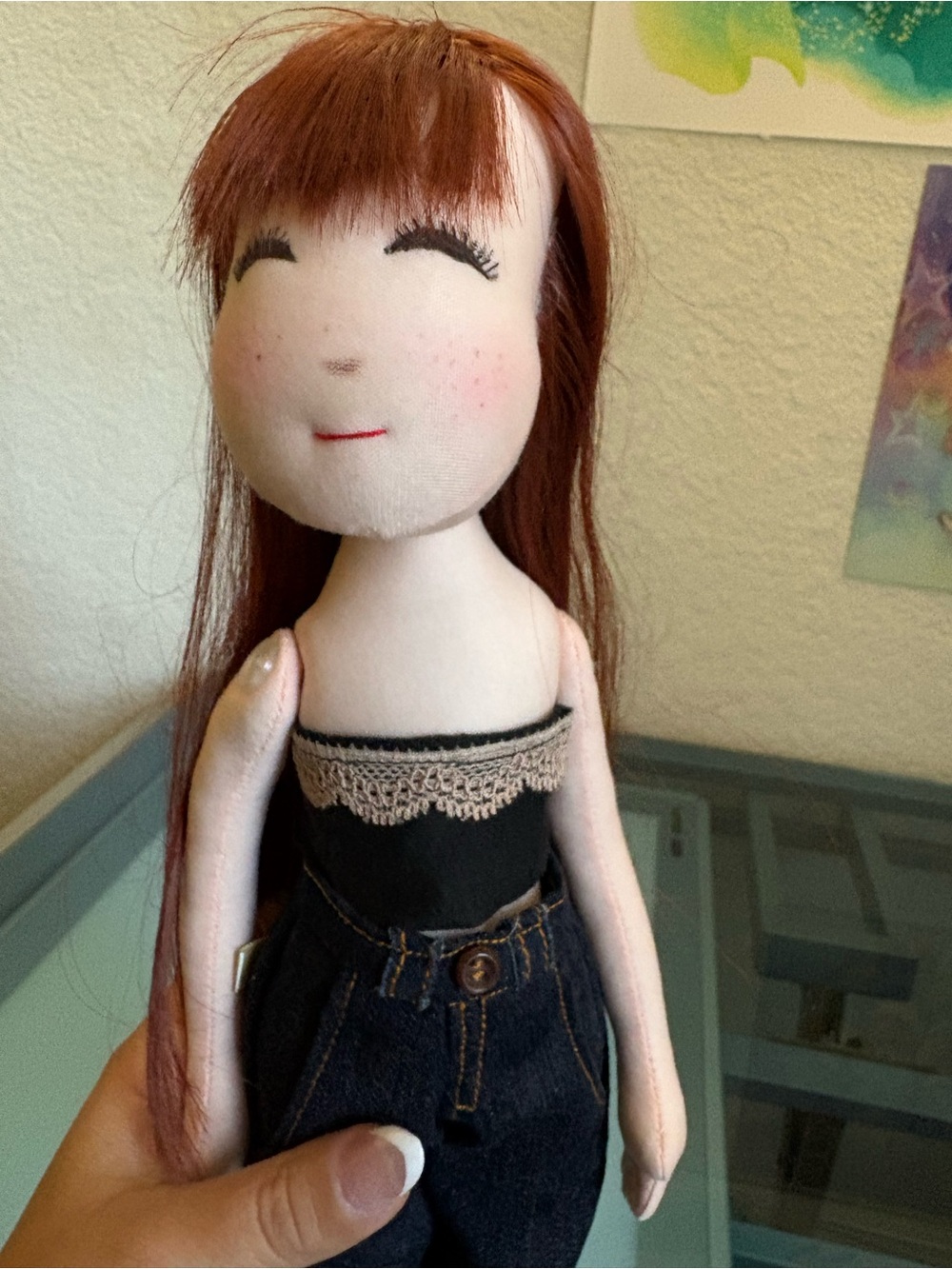 Handmade Brown-Haired Cloth Doll with Black Outfit - Picture 9 of 13